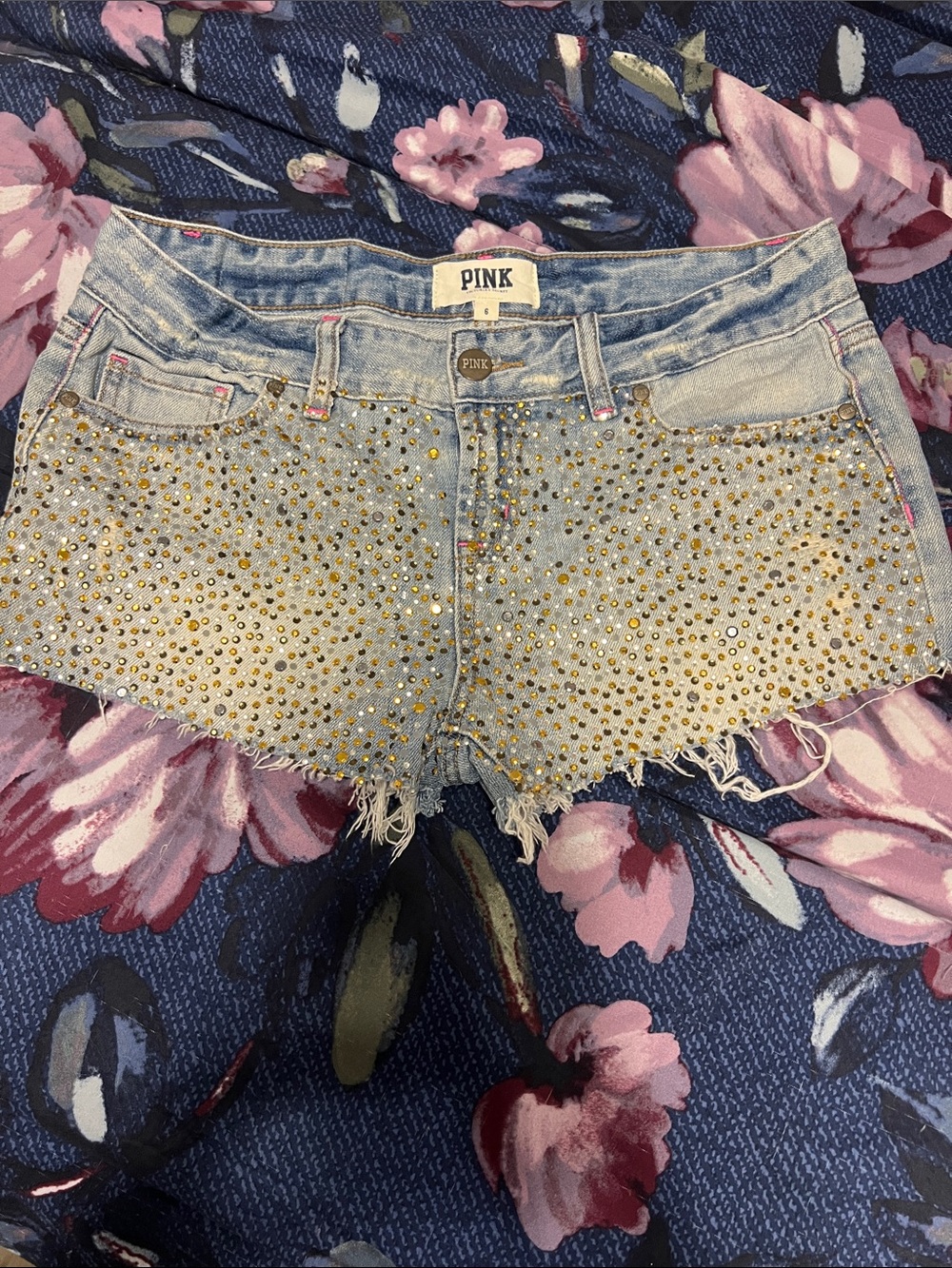 Pink by Victoria Light Blue Denim Shorts with Gold Studs